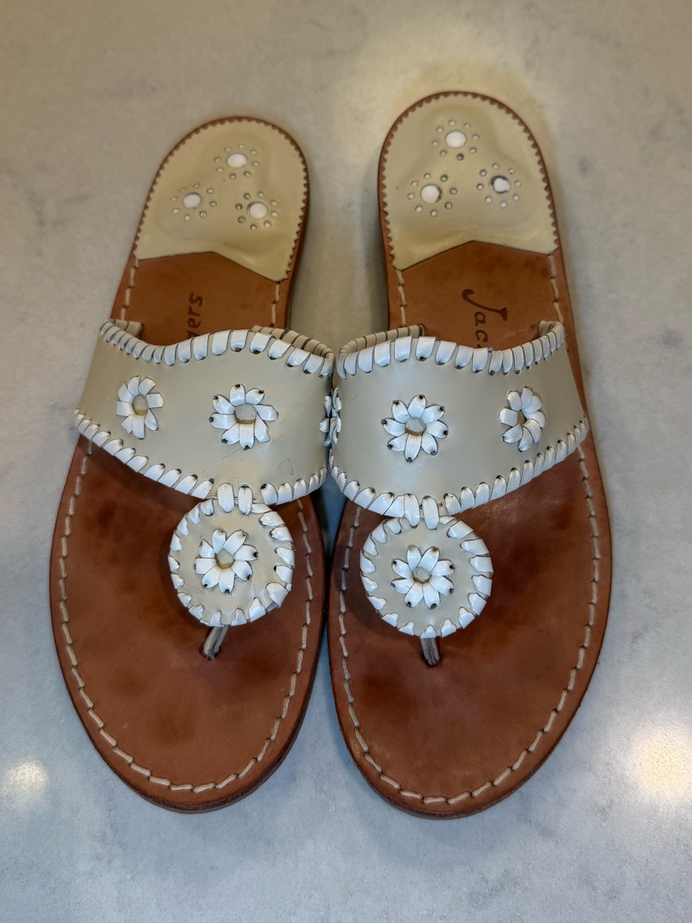 Jack Rogers SZ 7 White & Tan  Whipstitch Sandals- great condition